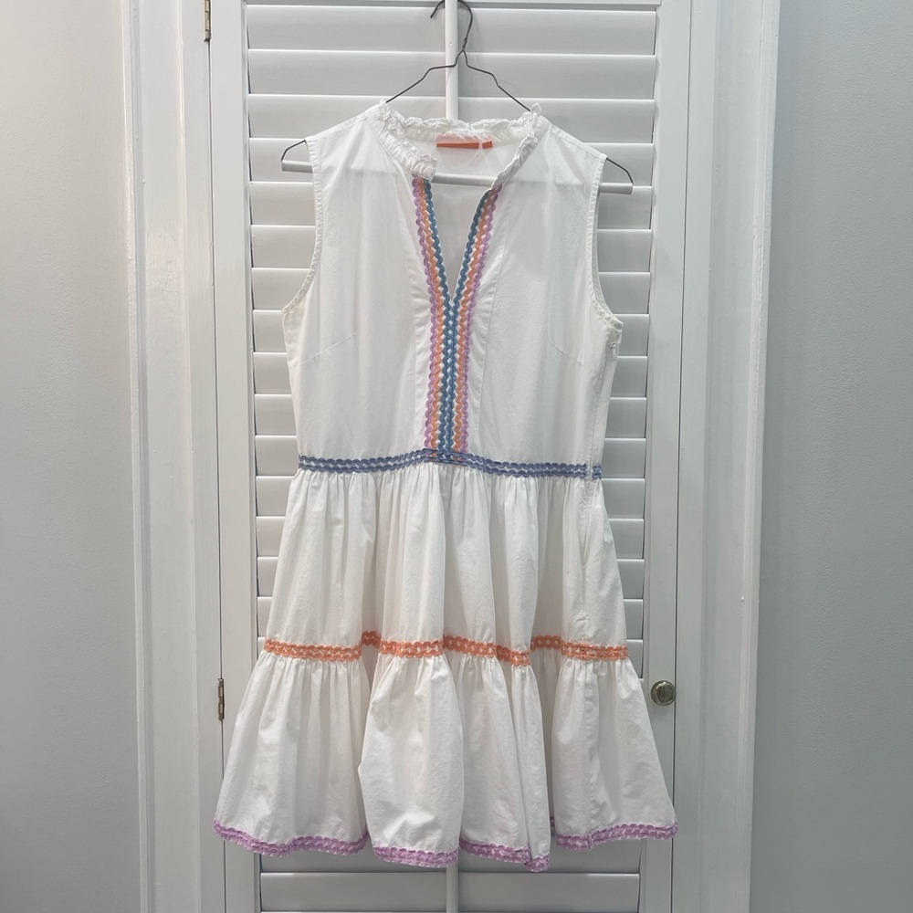 Oliphant White Cotton Tiered Dress Ric Rac Trim Sleeveless Size S
